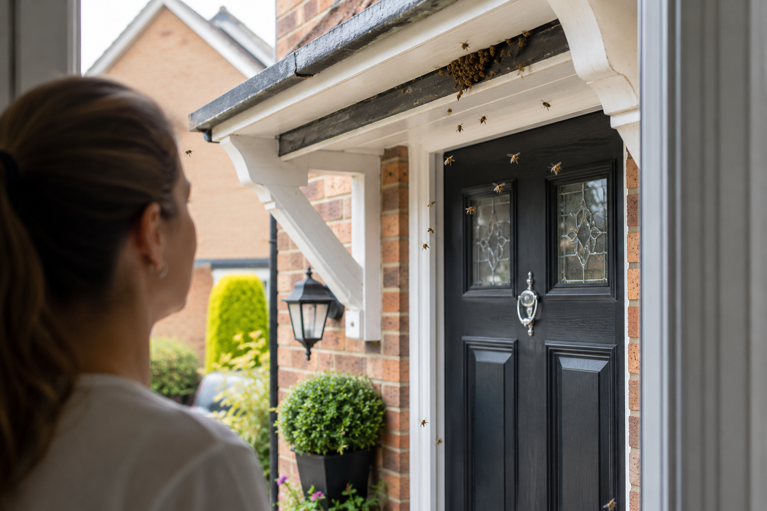Professional technician treating a wasp nest at a residential property in Kent
